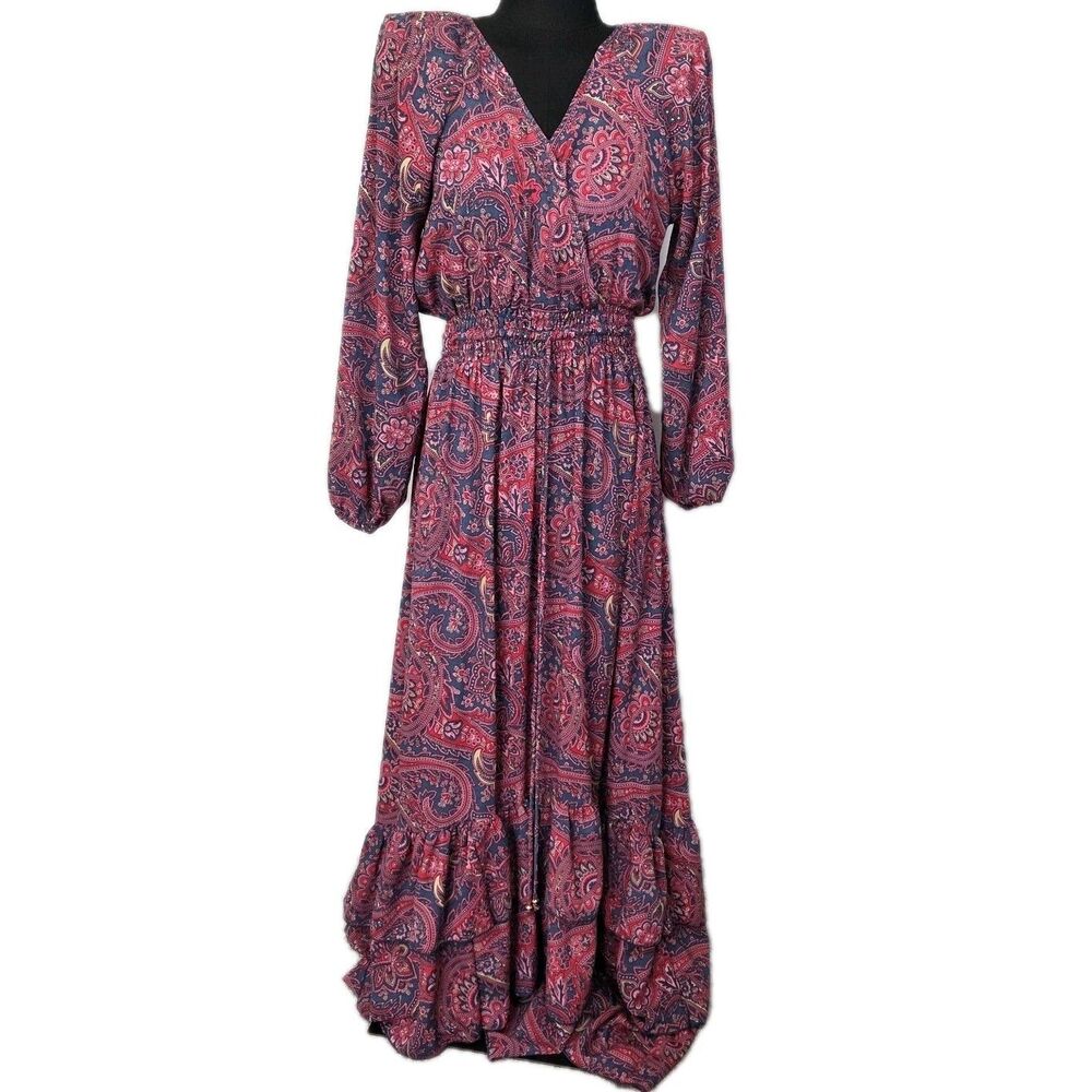 Anthropologie Boemo Teal Paisley Smocked Waist Tiered Maxi Dress Sz S Boho Retro
